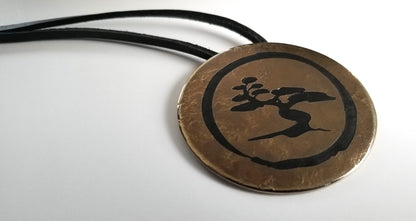 Etched African Tree, Pendant Necklace, Stainless Steel, Bronze & Black Personalized Necklace Hand Forged Signed Original with Leather Strap