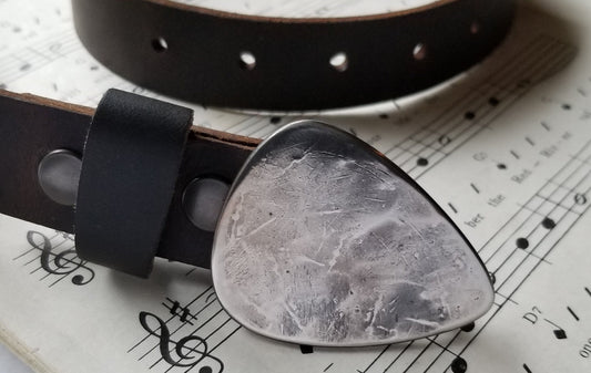 Guitar Pick Belt Buckle and 1-1/2" Leather Snap Belt, Interchangeable Belt, Signed Original Belt & Buckle, Unisex Gifts, Guitar Player Gift