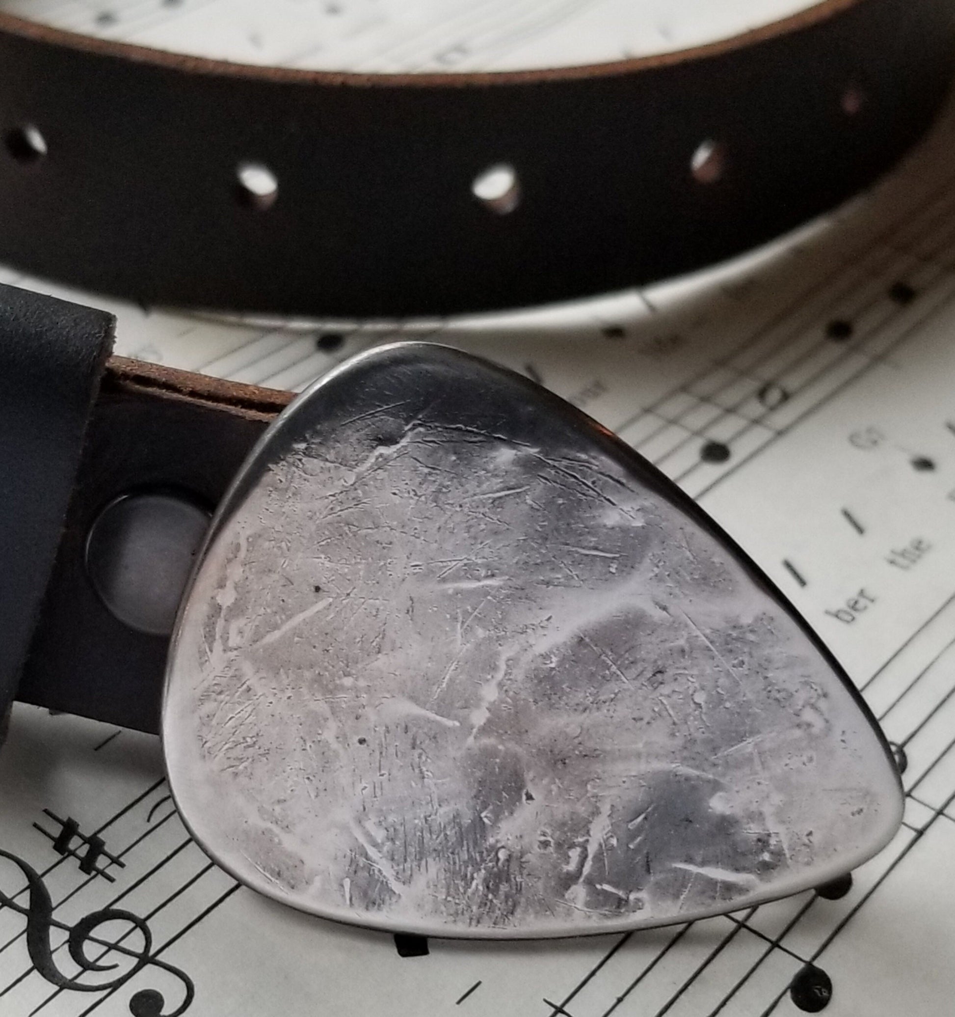 Guitar Pick Belt Buckle and 1-1/2" Leather Snap Belt, Interchangeable Belt, Signed Original Belt & Buckle, Unisex Gifts, Guitar Player Gift