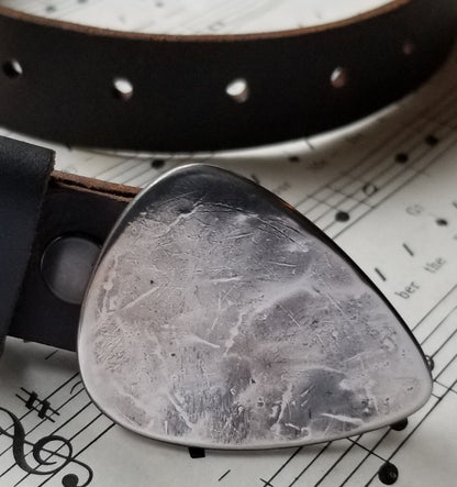 Guitar Pick Belt Buckle and 1-1/2" Leather Snap Belt, Interchangeable Belt, Signed Original Belt & Buckle, Unisex Gifts, Guitar Player Gift