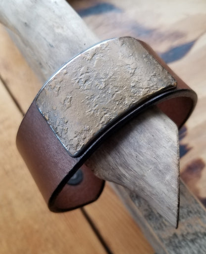 Wrist Cuff Unisex Leather & Metal Choice of Leather Colors w snaps Hand Forged Stainless Steel Gold or Silver Plate, Gift Bag Included