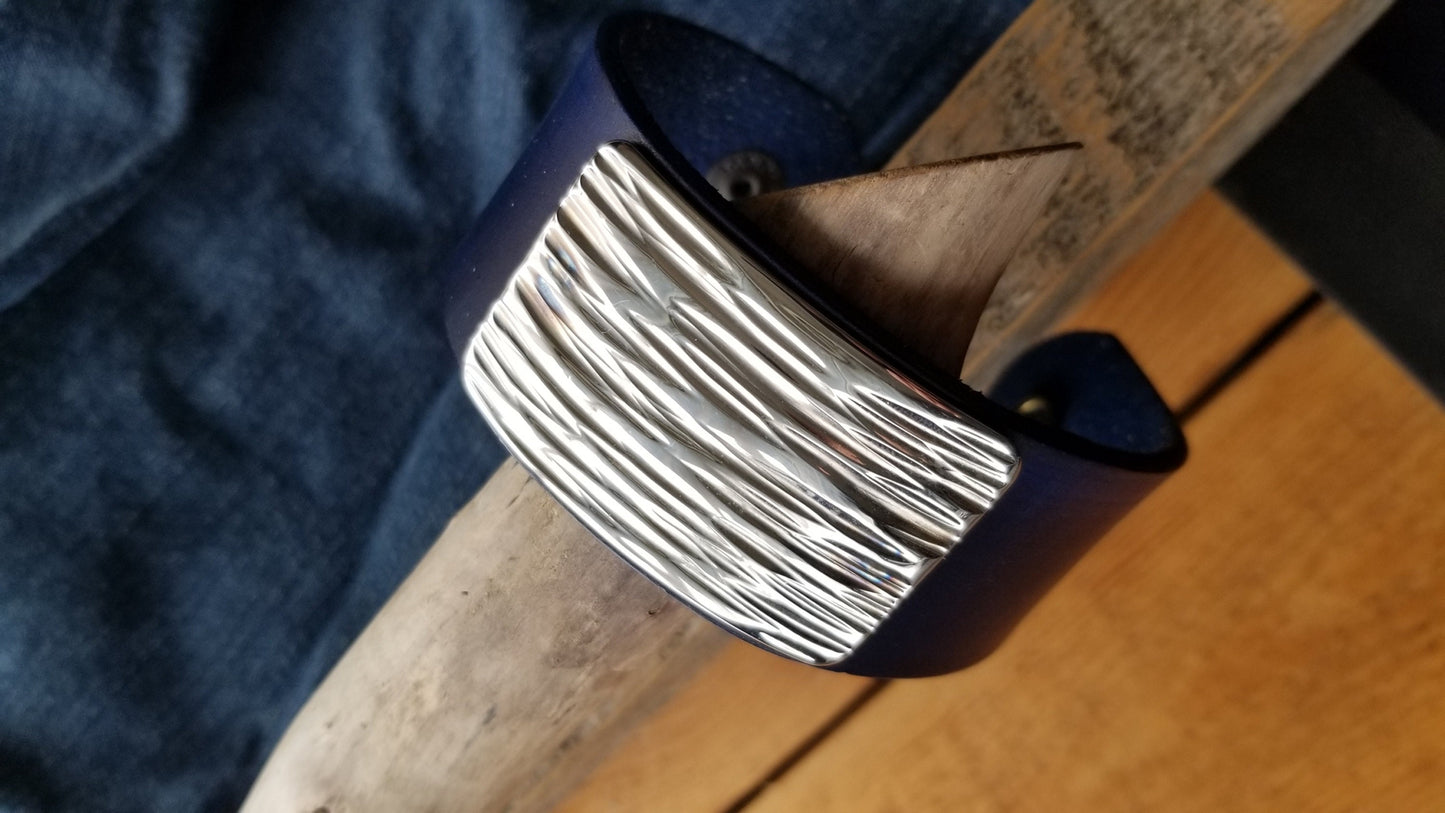 Unisex Leather Cuff Bracelet with Silver Metal Overlay, Blue Wave, Wrist Cuff w/ Snap, Boyfriend Gift, Gal Gift, Burlap Gift Bag Included