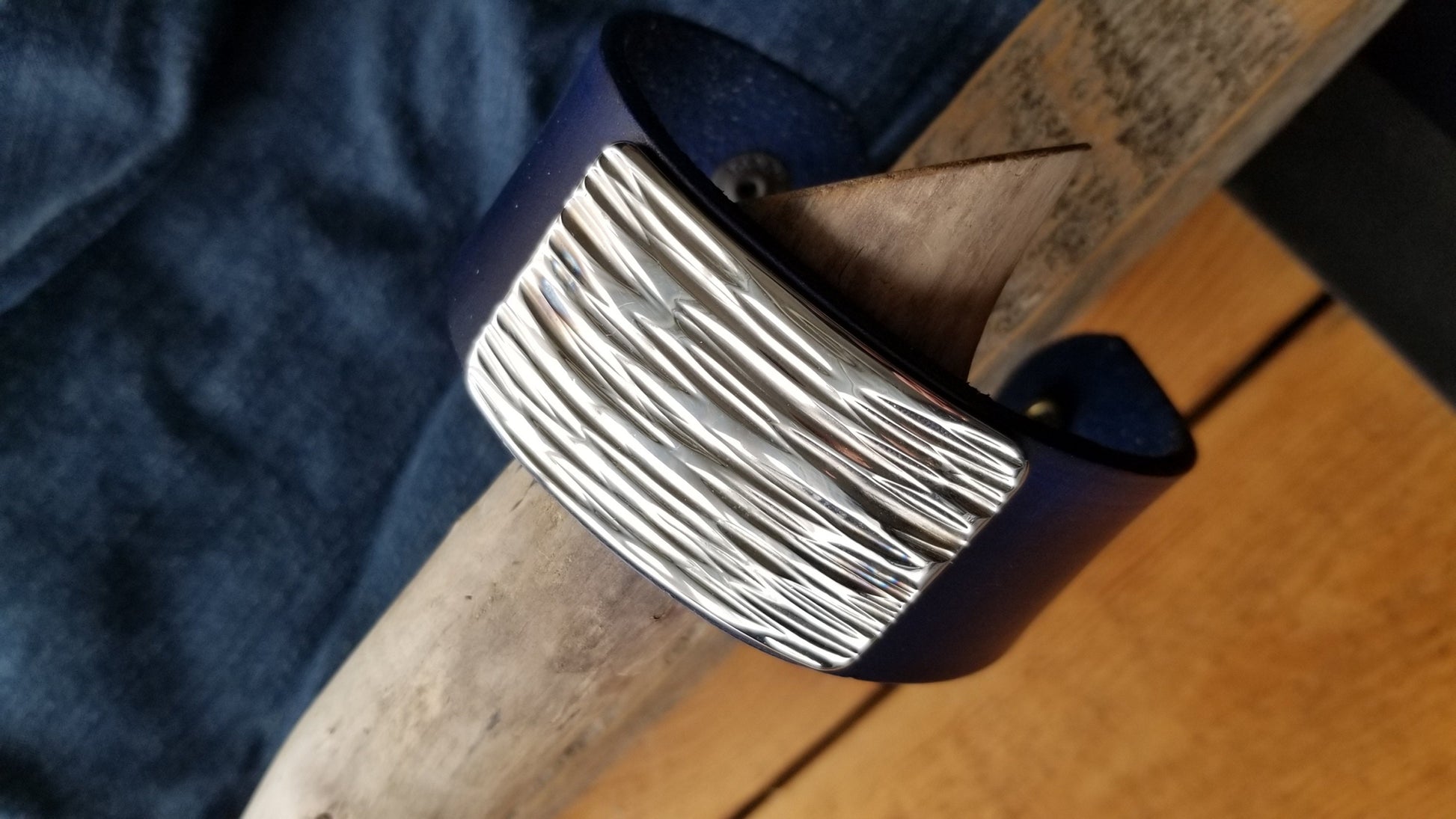 Unisex Leather Cuff Bracelet with Silver Metal Overlay, Blue Wave, Wrist Cuff w/ Snap, Boyfriend Gift, Gal Gift, Burlap Gift Bag Included