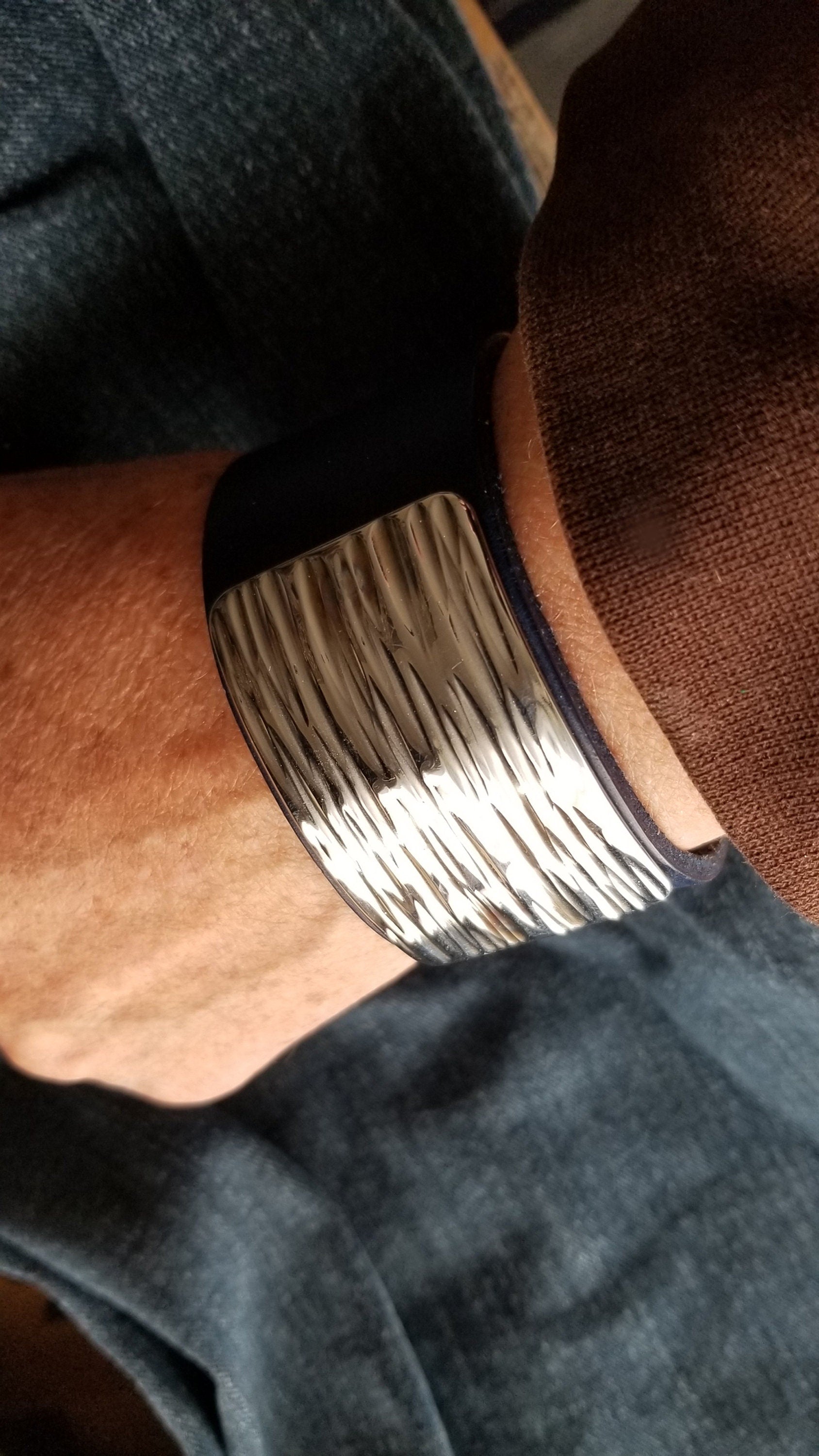 Unisex Leather Cuff Bracelet with Silver Metal Overlay, Blue Wave, Wrist Cuff w/ Snap, Boyfriend Gift, Gal Gift, Burlap Gift Bag Included