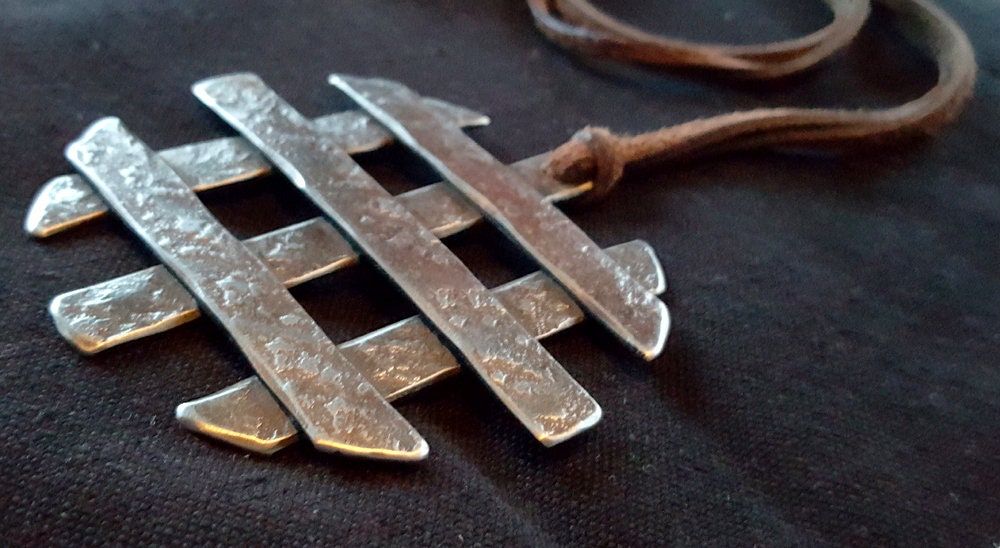 Asian Flair, Pendant Necklace, Hand Forged Statement Piece, Stainless Steel Anniversary, Leather Strap with Single Knot Ties It All Together