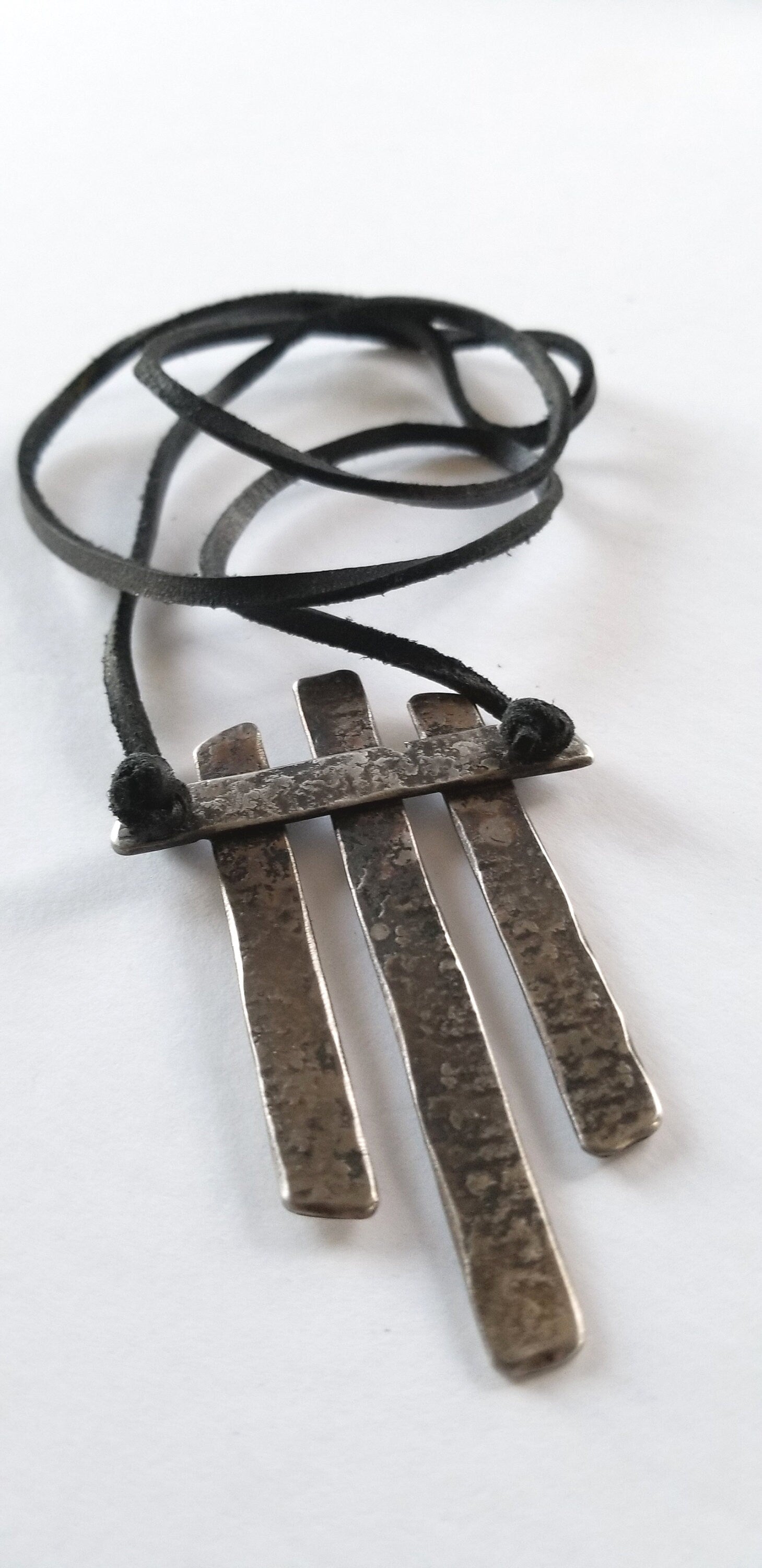 Asian Flair, Pendant Necklace, Hand Forged Statement Piece, Stainless Steel Anniversary, Leather Strap with Single Knot Ties It All Together
