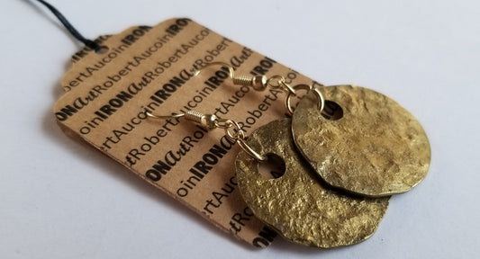 Anvil Textured Brass Earrings Hammered Ancient Gold Shepherd Hook Earrings w/ Bag Light Gold Earrings & Bag Stocking Stuffers Unisex Gifts