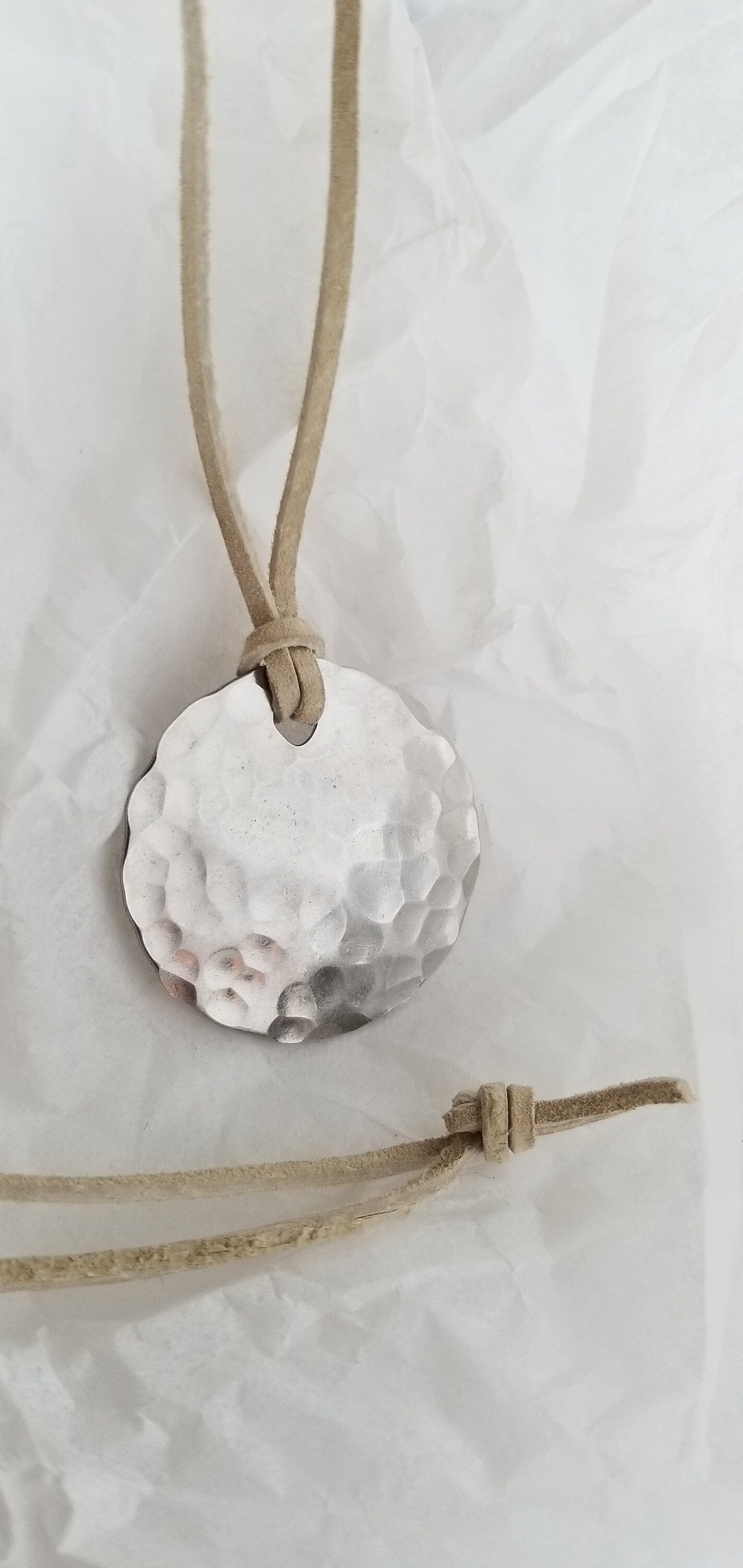 Hammered Silver Lightweight Pendant on a Natural Leather Strap with Single Knot, Stocking Stuffer, Simple Gifts for Gals, Lightweight Gifts