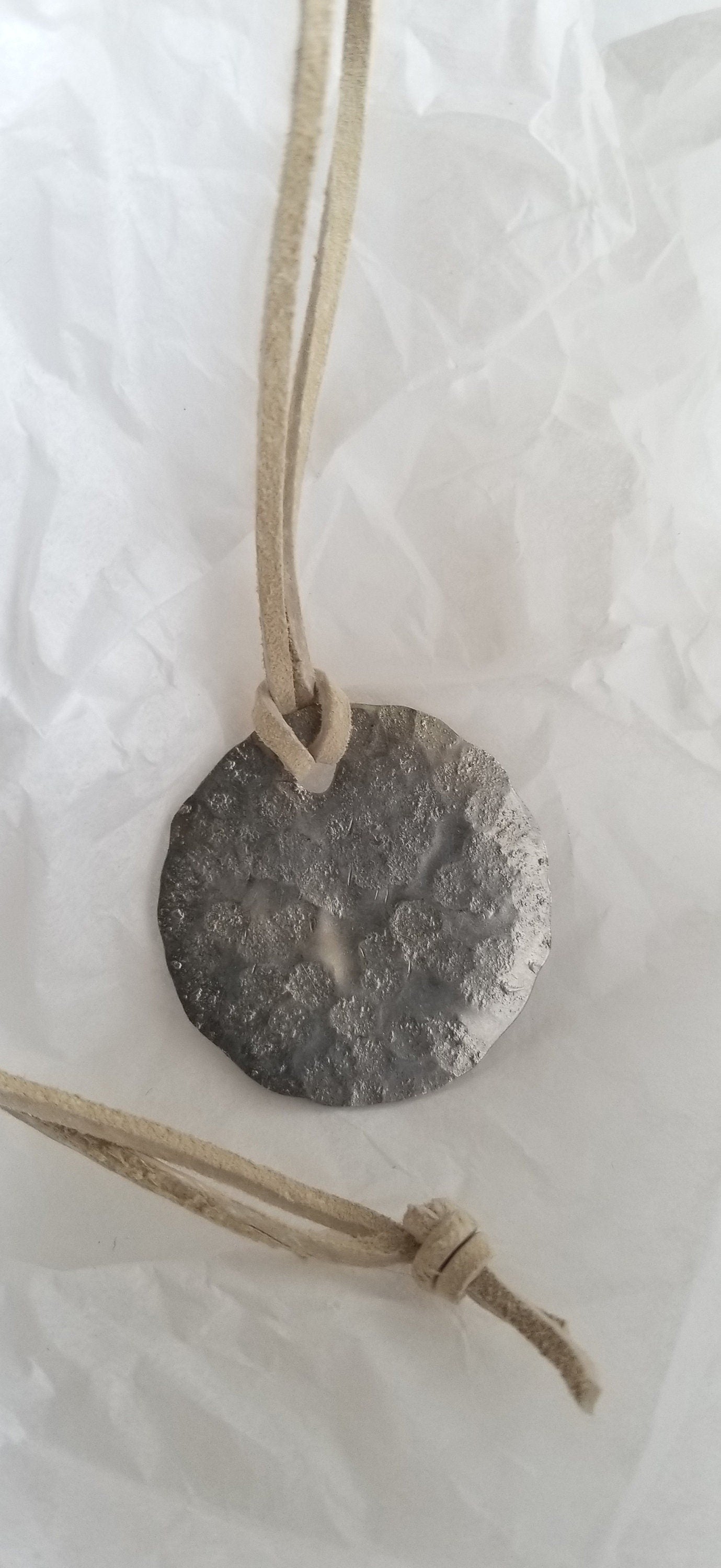 Hammered Silver Lightweight Pendant on a Natural Leather Strap with Single Knot, Stocking Stuffer, Simple Gifts for Gals, Lightweight Gifts