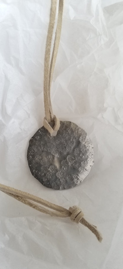 Hammered Silver Lightweight Pendant on a Natural Leather Strap with Single Knot, Stocking Stuffer, Simple Gifts for Gals, Lightweight Gifts