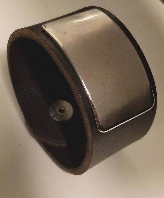 Black Leather Cuff Bracelet with Silver Metal Plate Unisex Leather Wrist Cuff w/ snap Boyfriend Gift Love Gift Bag Included