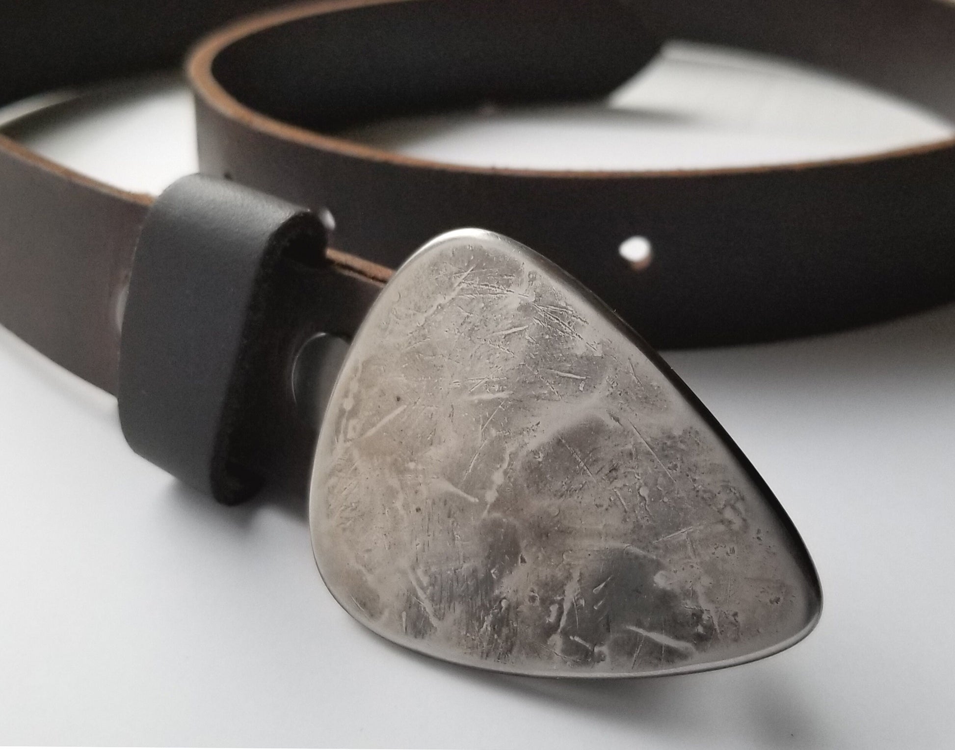 Guitar Pick Belt Buckle and 1-1/2" Leather Snap Belt, Interchangeable Belt, Signed Original Belt & Buckle, Unisex Gifts, Guitar Player Gift