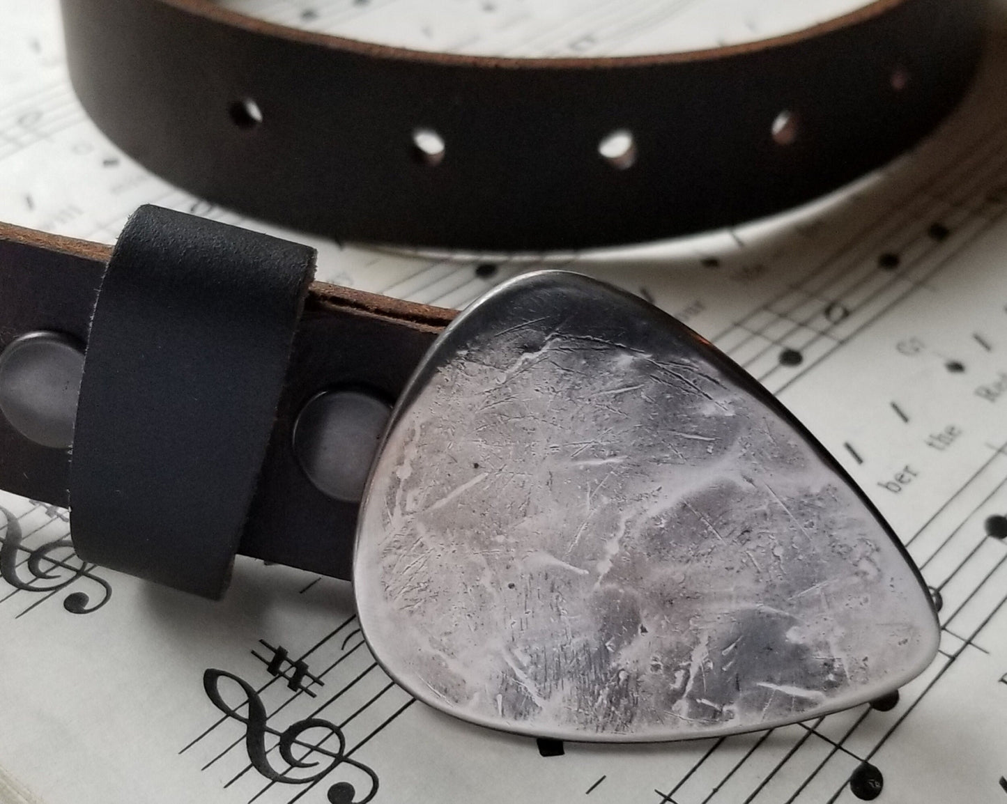 Guitar Pick Belt Buckle and 1-1/2" Leather Snap Belt, Interchangeable Belt, Signed Original Belt & Buckle, Unisex Gifts, Guitar Player Gift