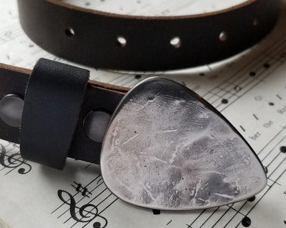 Guitar Pick Belt Buckle and 1-1/2" Leather Snap Belt, Interchangeable Belt, Signed Original Belt & Buckle, Unisex Gifts, Guitar Player Gift