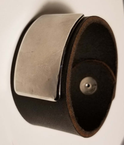 Black Leather Cuff Bracelet with Silver Metal Plate Unisex Leather Wrist Cuff w/ snap Boyfriend Gift Love Gift Bag Included