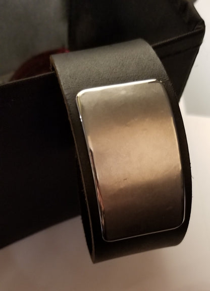 Black Leather Cuff Bracelet with Silver Metal Plate Unisex Leather Wrist Cuff w/ snap Boyfriend Gift Love Gift Bag Included