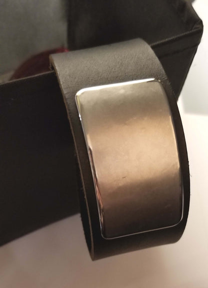 Black Leather Cuff Bracelet with Silver Metal Plate Unisex Leather Wrist Cuff w/ snap Boyfriend Gift Love Gift Bag Included