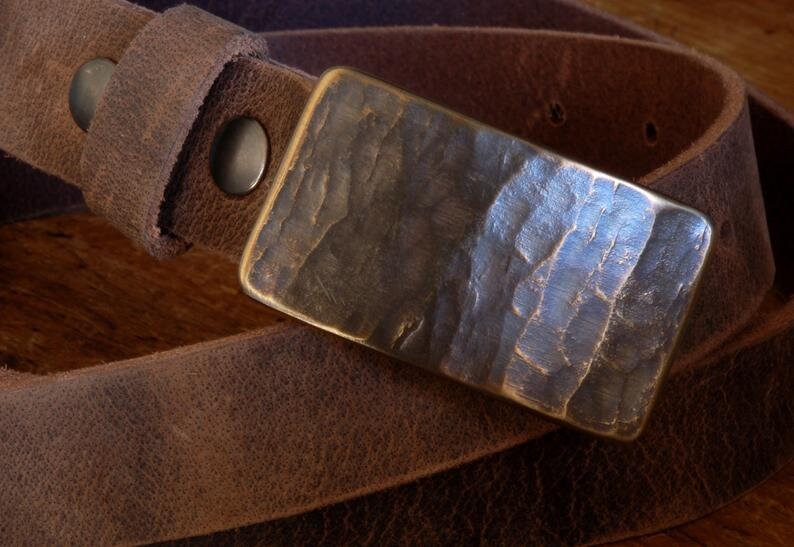 Belt & Buckle Set, Wood Grain, Unisex Gifts, Hand Forged, Stainless Steel Buckle, Blue Buckle, Silver or Bronze Buckle for 1.5" Leather Belt