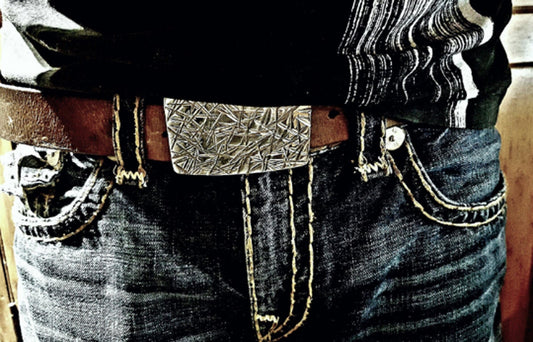 Belt Buckle for Blue Jeans, Silver Buckle, Hand Forged Stainless Steel Buckle Fits 1-1/2" Leather Belt with Snaps, Your Belt Color Choice