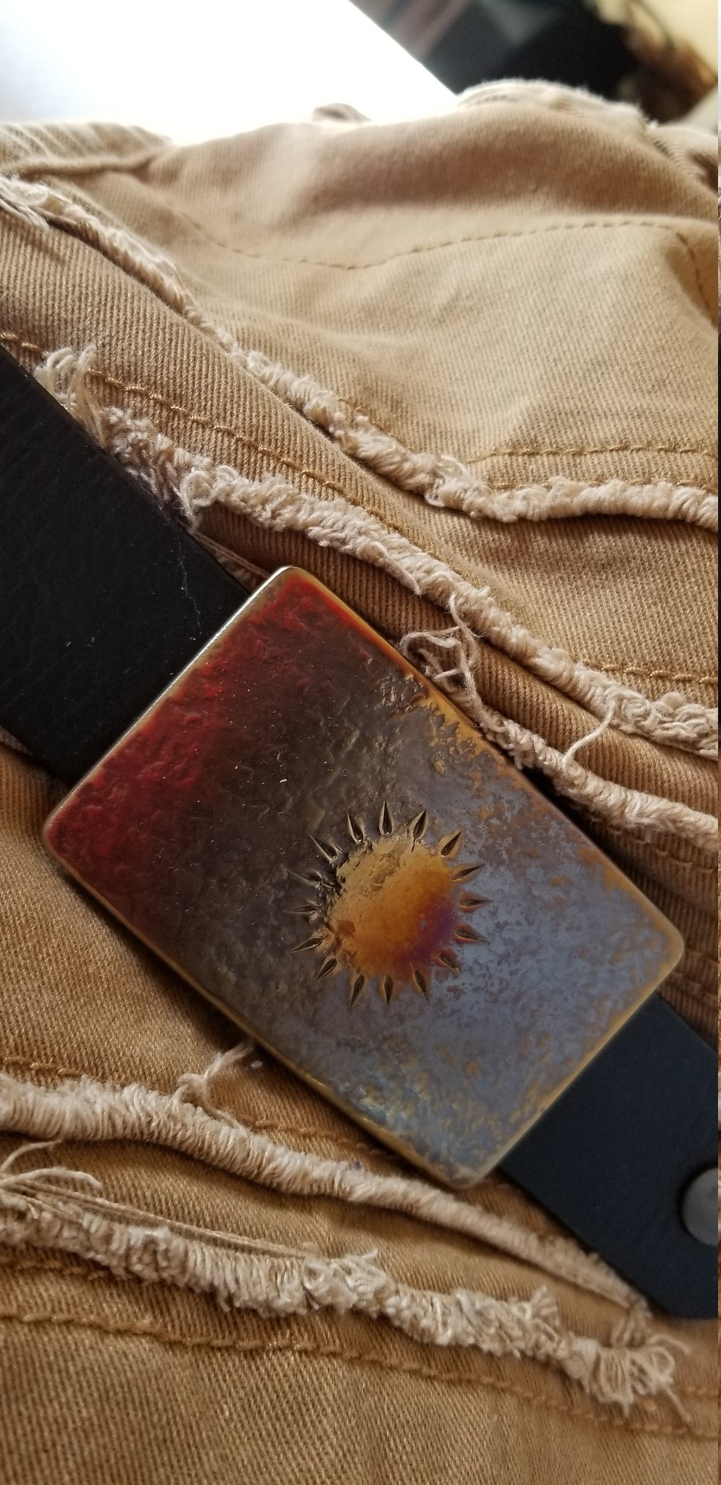 SUN Buckle, Sunburst, Hand Forged Buckle, Handmade Gift, Hypoallergenic Accessory, Stainless Buckle For 1.5" Jean Belt, Various Colors