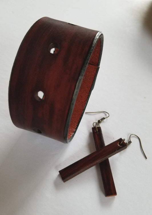 Leather Wood Grain Cuff & Earring Set Lightweight Earrings Cuff Gift Bag Gifts for Her Stocking Stuffer Gifts Anniversary Gift