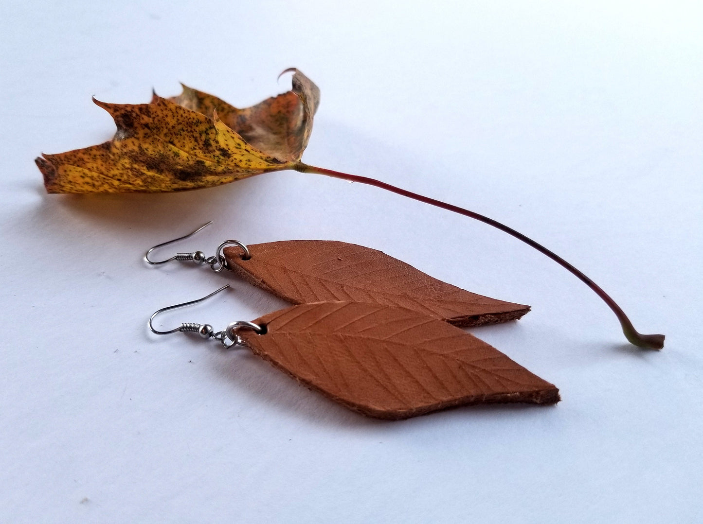 Leather Earring Set Tan Lightweight Leather Shepherd Hooks Hand Dyed Earring Set Leather Jewelry w/ Burlap Storage Bag-Perfect Gift
