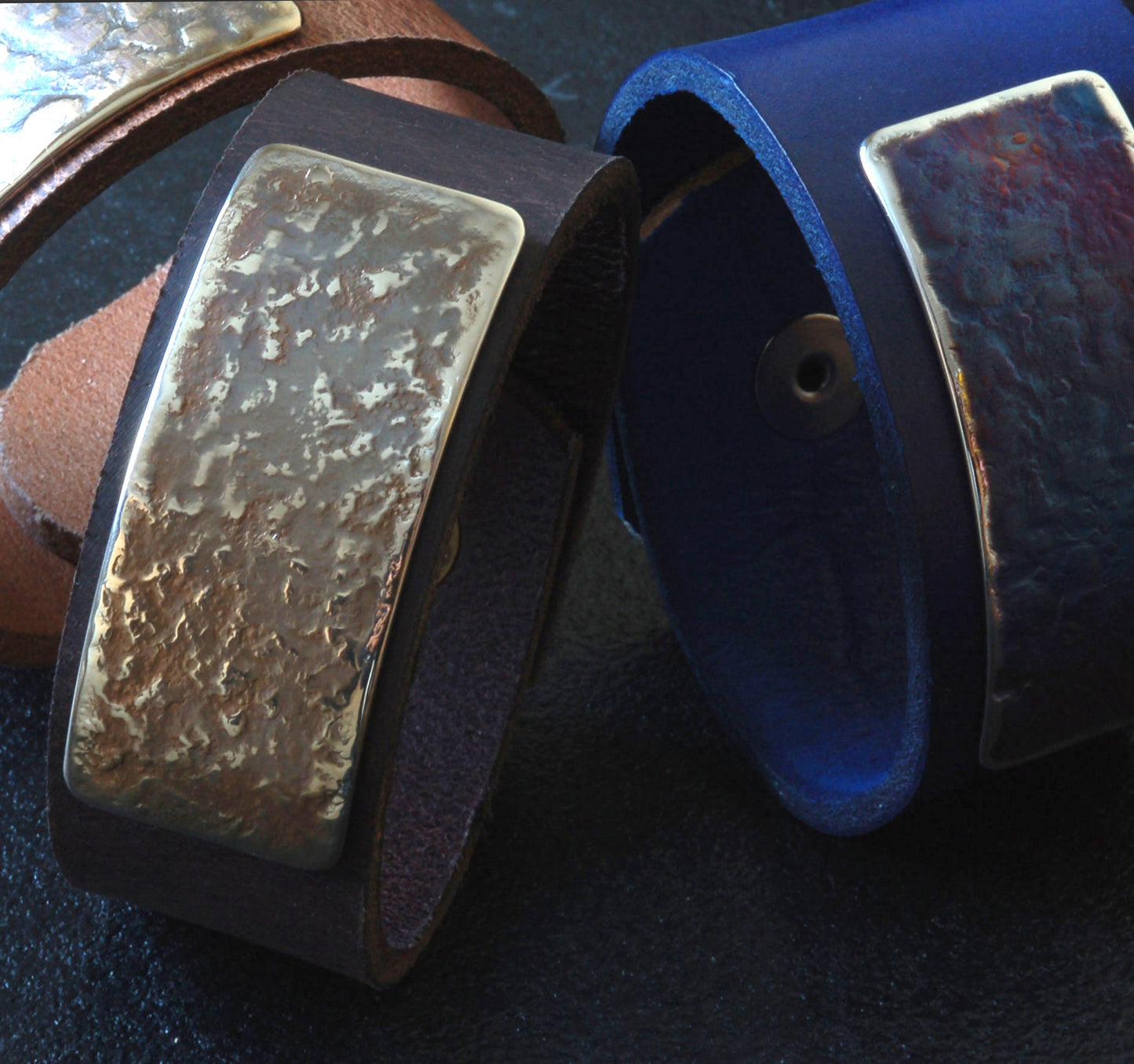 Leather & Metal Wrist Cuff Choice of Leather Colour w Snap Close Hand Forged Stainless Steel Gold or Silver Plate,Burlap Gift Bag Included