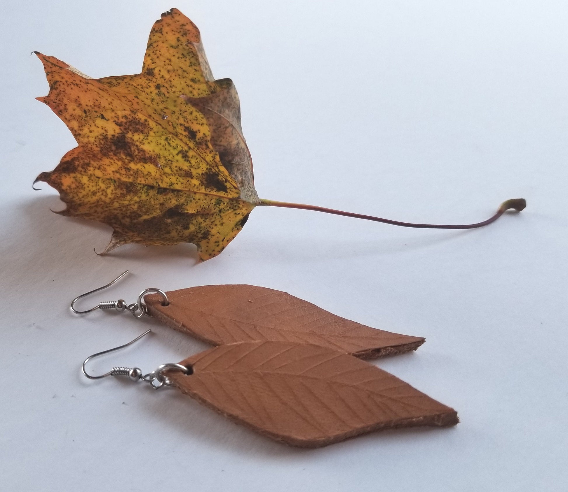 Leather Earring Set Tan Lightweight Leather Shepherd Hooks Hand Dyed Earring Set Leather Jewelry w/ Burlap Storage Bag-Perfect Gift