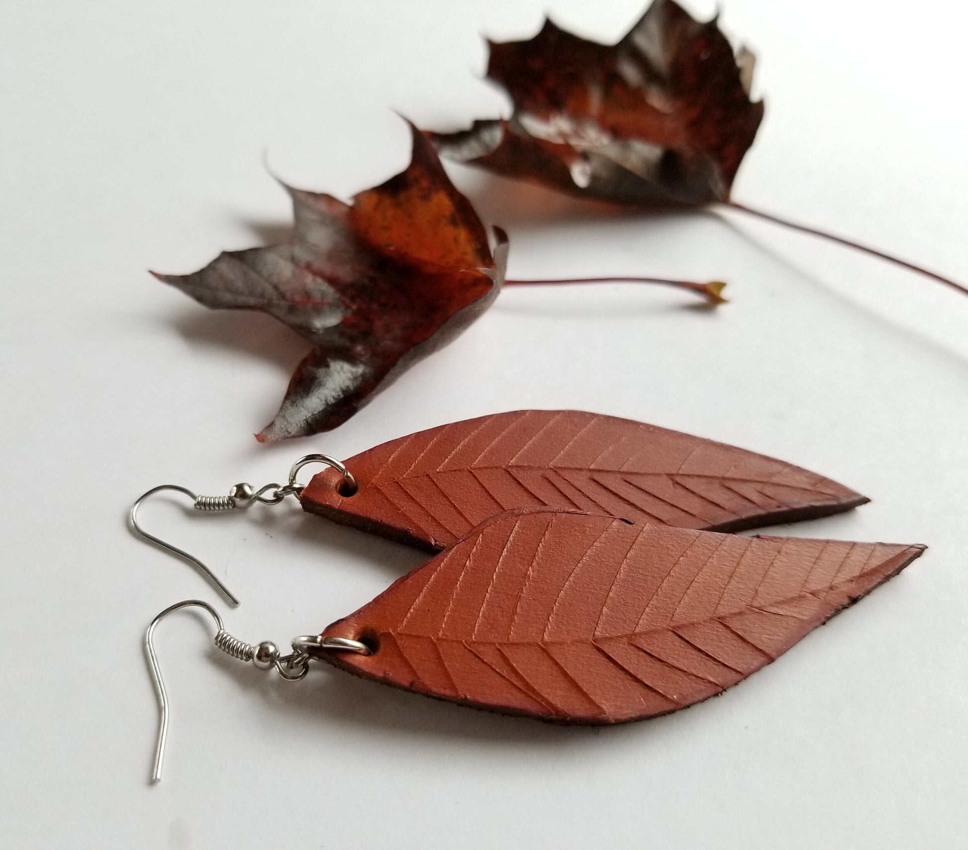 Leather Earring Set Tan Lightweight Leather Shepherd Hooks Hand Dyed Earring Set Leather Jewelry w/ Burlap Storage Bag-Perfect Gift