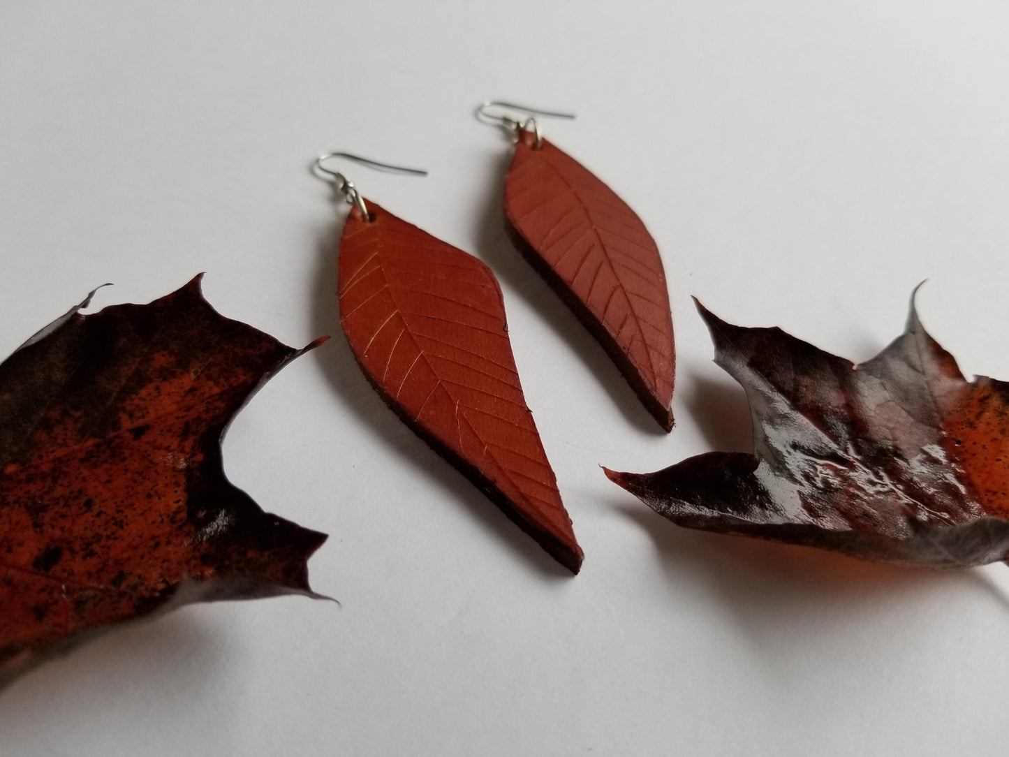Leather Earring Set Tan Lightweight Leather Shepherd Hooks Hand Dyed Earring Set Leather Jewelry w/ Burlap Storage Bag-Perfect Gift