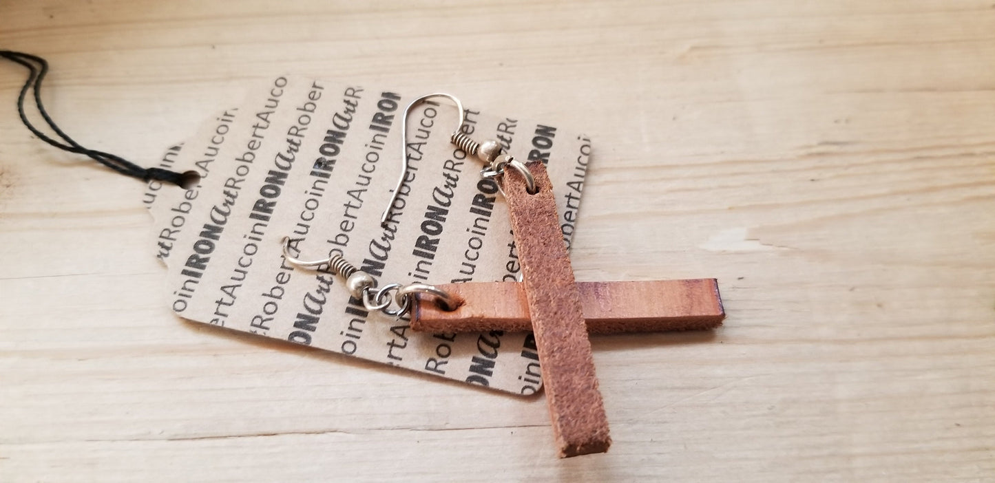 Lightweight Earring Set, Leather Earrings, Woodgrain Earrings, Silver Shepherd Hook, Hand Dyed Earrings, Leather Jewelry, Burlap Storage Bag