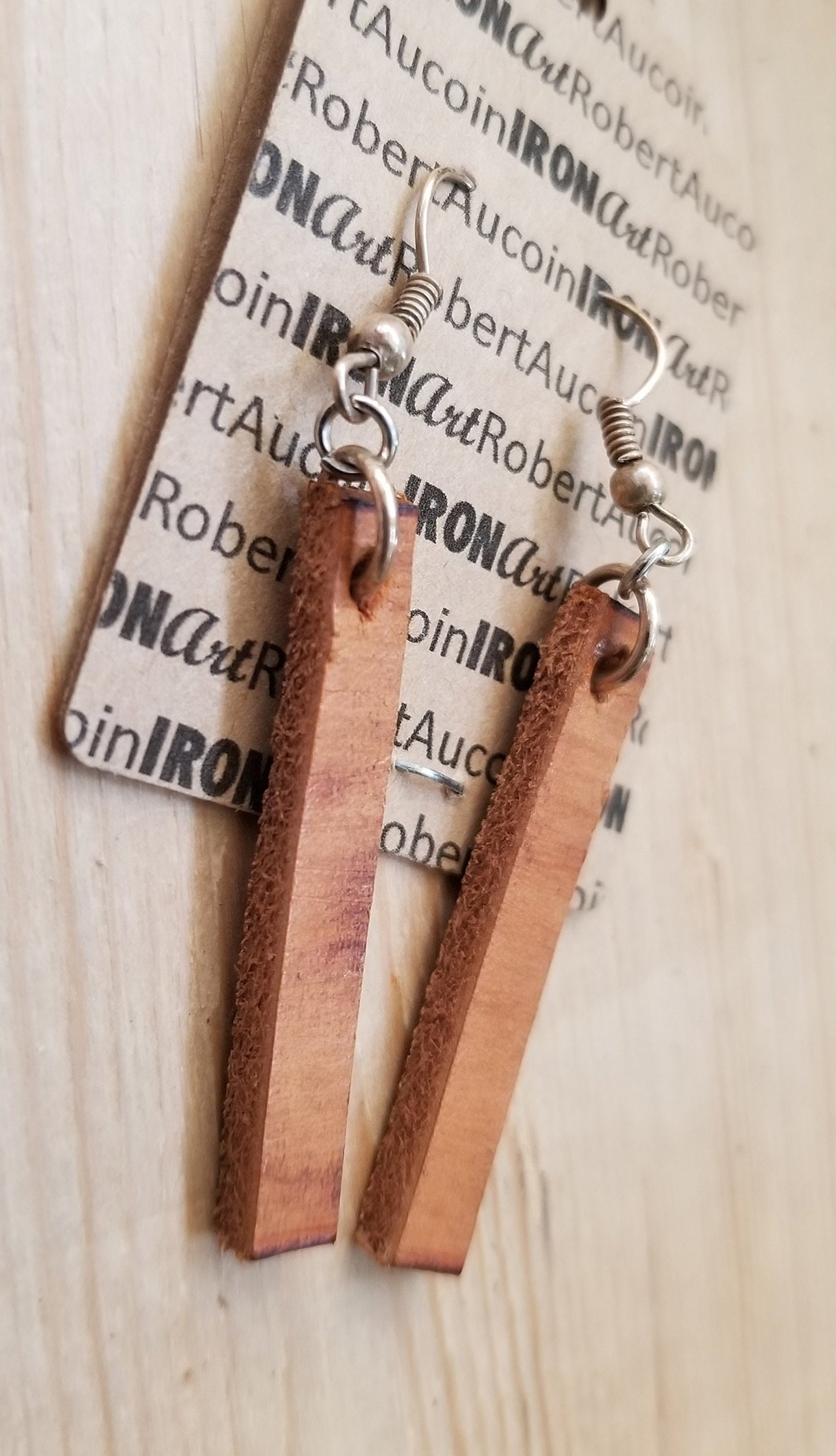 Lightweight Earring Set, Leather Earrings, Woodgrain Earrings, Silver Shepherd Hook, Hand Dyed Earrings, Leather Jewelry, Burlap Storage Bag