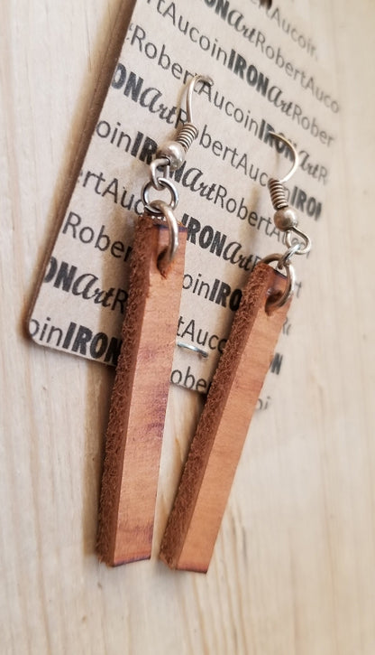 Lightweight Earring Set, Leather Earrings, Woodgrain Earrings, Silver Shepherd Hook, Hand Dyed Earrings, Leather Jewelry, Burlap Storage Bag