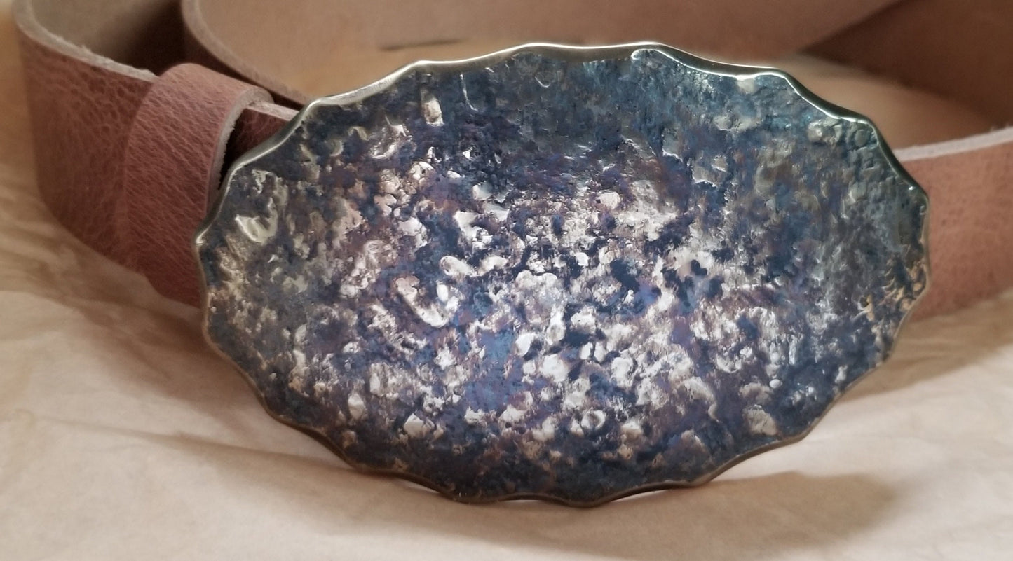 Oversized Belt & Buckle Stampede Oval Winner Circle Hand Forged Unisex Hypoallergenic Buckle Stainless Steel Western Wear w/ 1.5" Jean Belt