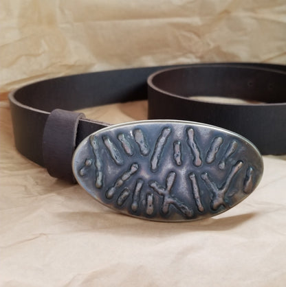 Bronze Belt Buckle & Leather Belt, Pick up Stix Design, Stainless Steel Blue Jean Unisex Belt Buckle and 1-1/2" Quality Leather Snap Belt
