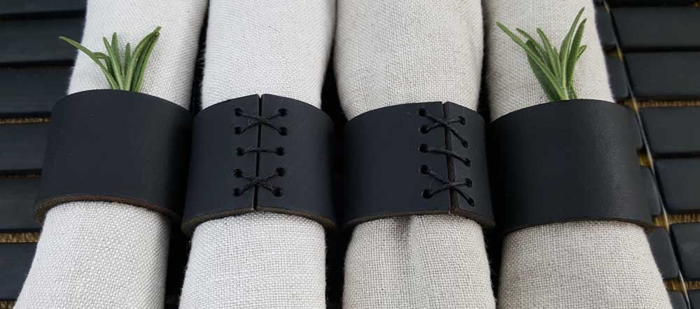Dark Brown Leather Napkin Rings, Hand Stitched Lace, Intimate Dining, Leather Anniversary, Dining Accessories, Wedding Table, Table Decor
