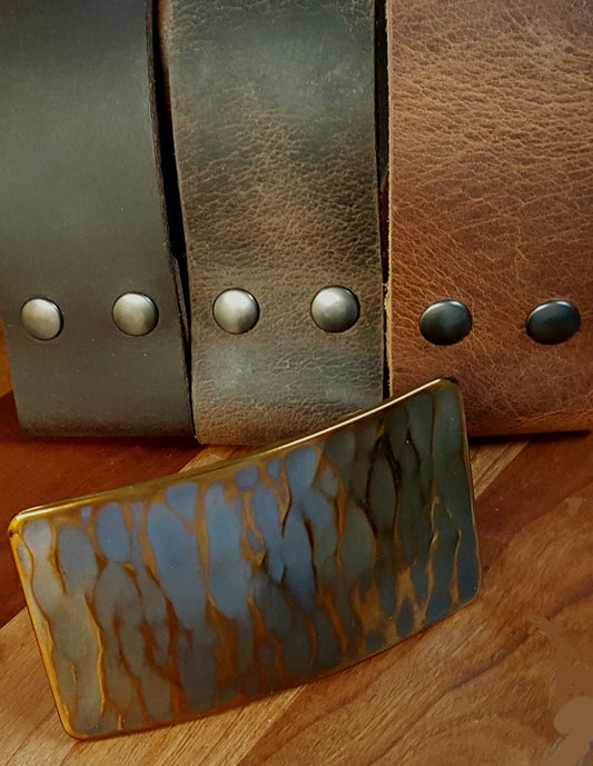 1-3/4" Belt & Buckle Set, Copper Woodgrain Buckle and Belt, Signed Original, Hypo Allergenic Buckle, Leather Belt with Snaps for Blue Jeans