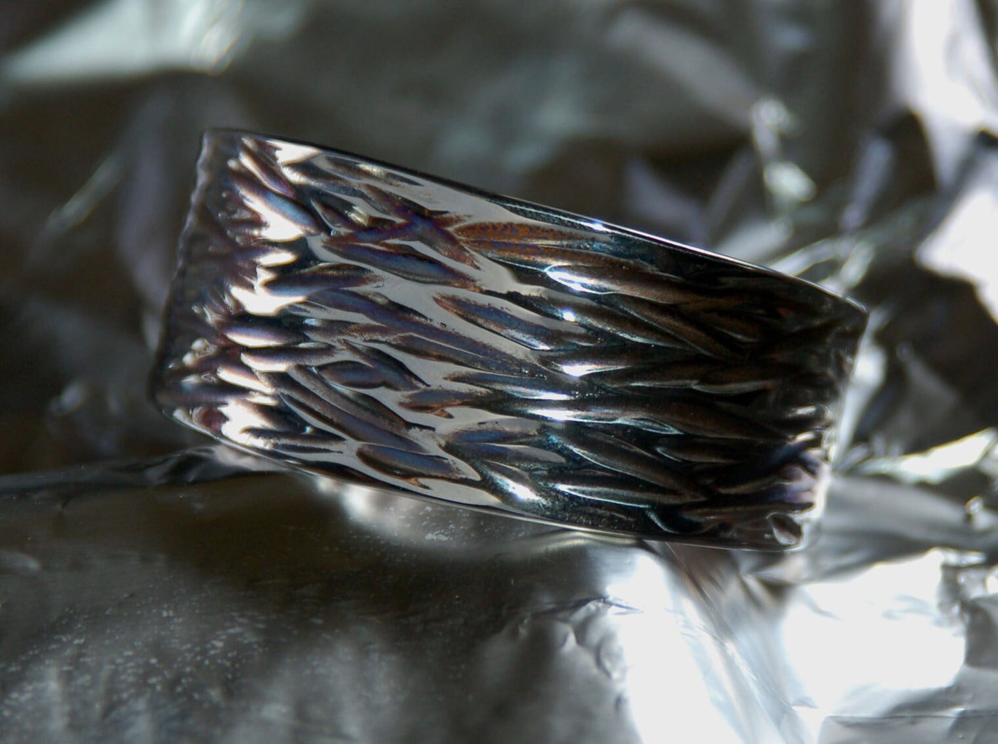Unisex Cuff Hypoallergenic Cuff Silver & Blue Wave Stainless Steel Bracelet Wrist Cuff ANVIL Textured Hand Forged Cuff Signed by Artist
