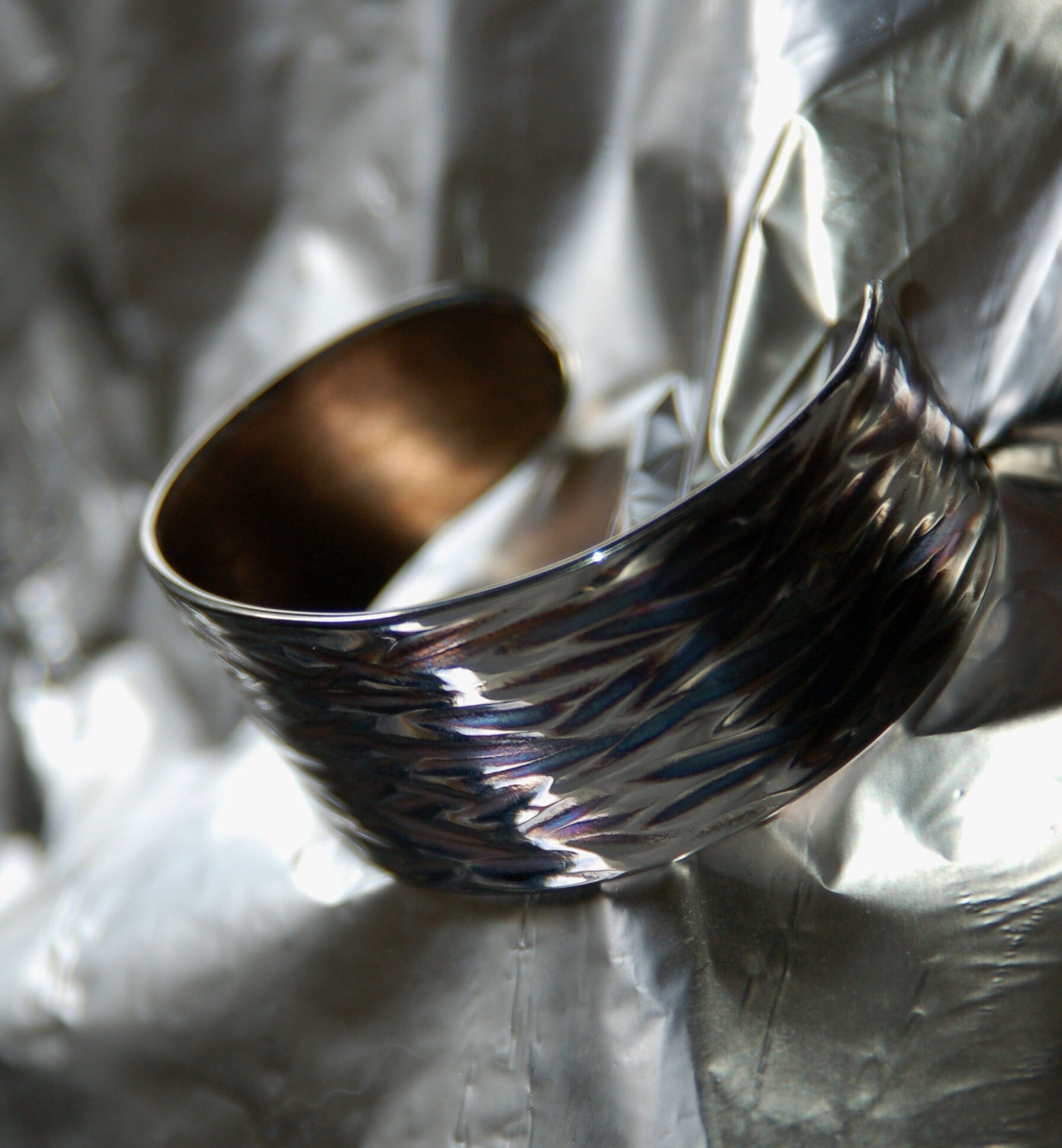 Unisex Cuff Hypoallergenic Cuff Silver & Blue Wave Stainless Steel Bracelet Wrist Cuff ANVIL Textured Hand Forged Cuff Signed by Artist