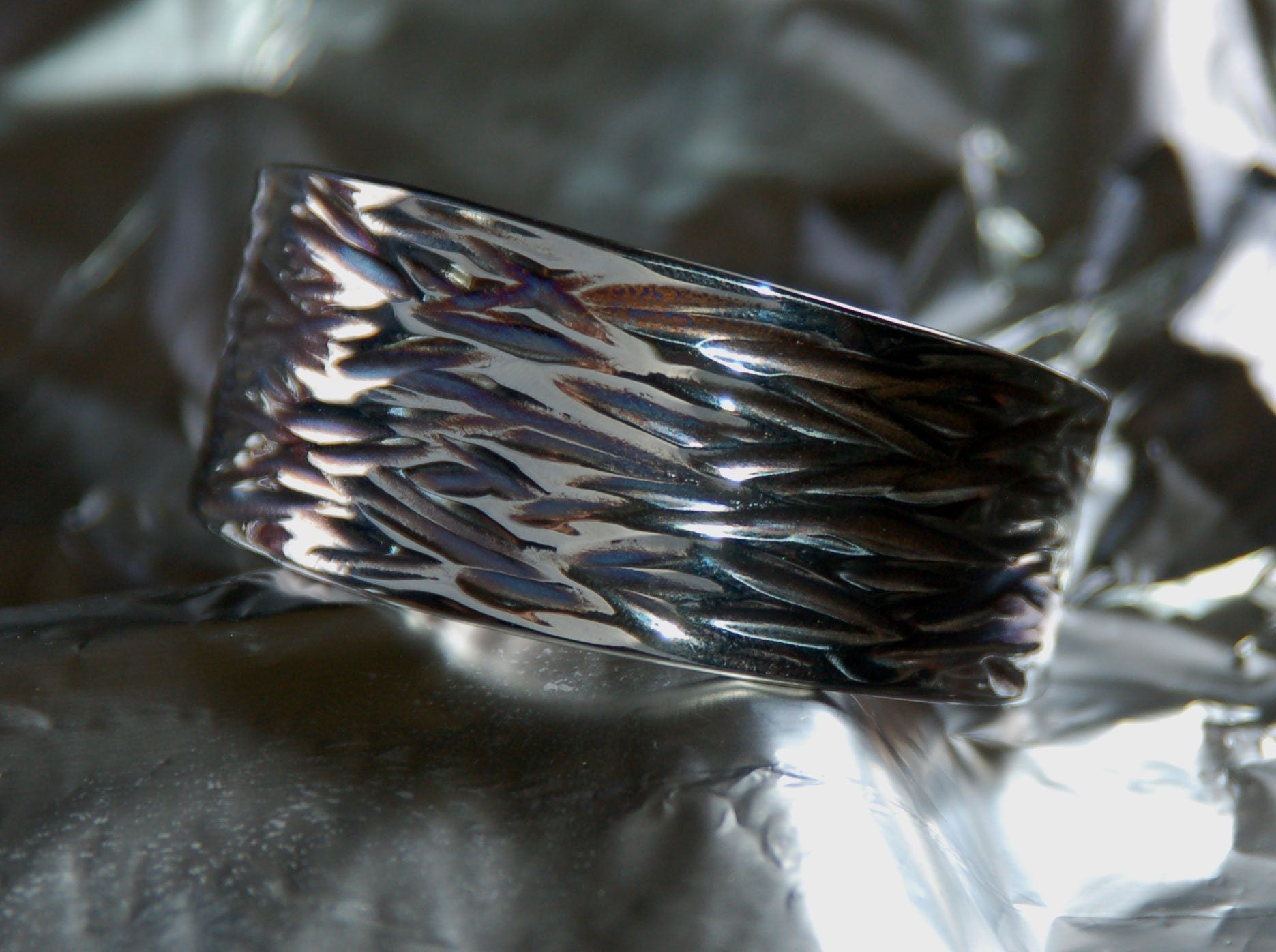 Unisex Cuff Hypoallergenic Cuff Silver & Blue Wave Stainless Steel Bracelet Wrist Cuff ANVIL Textured Hand Forged Cuff Signed by Artist