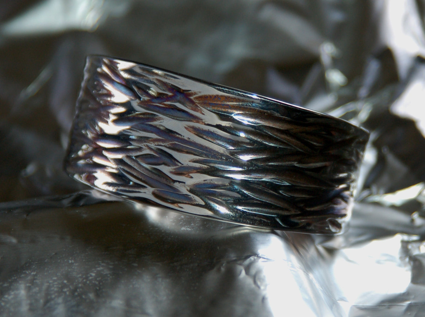Unisex Cuff Hypoallergenic Cuff Silver & Blue Wave Stainless Steel Bracelet Wrist Cuff ANVIL Textured Hand Forged Cuff Signed by Artist