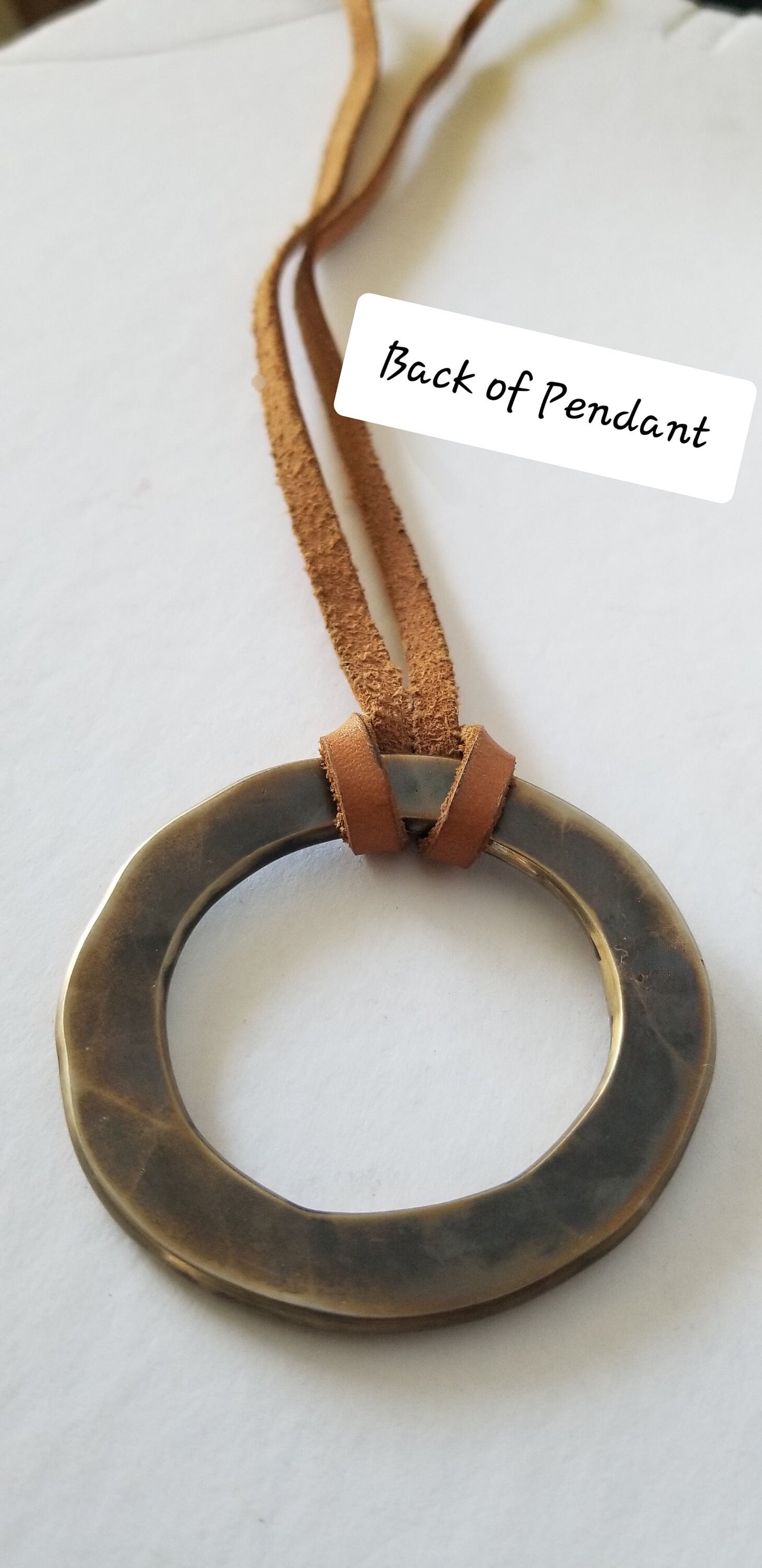 Pendant, Gold Bronze Hand Forged Circle Pendant, Rustic Jewelry, Necklace 2.5" d, Stainless Steel, Bronze & Leather Strap, Unisex Gifts