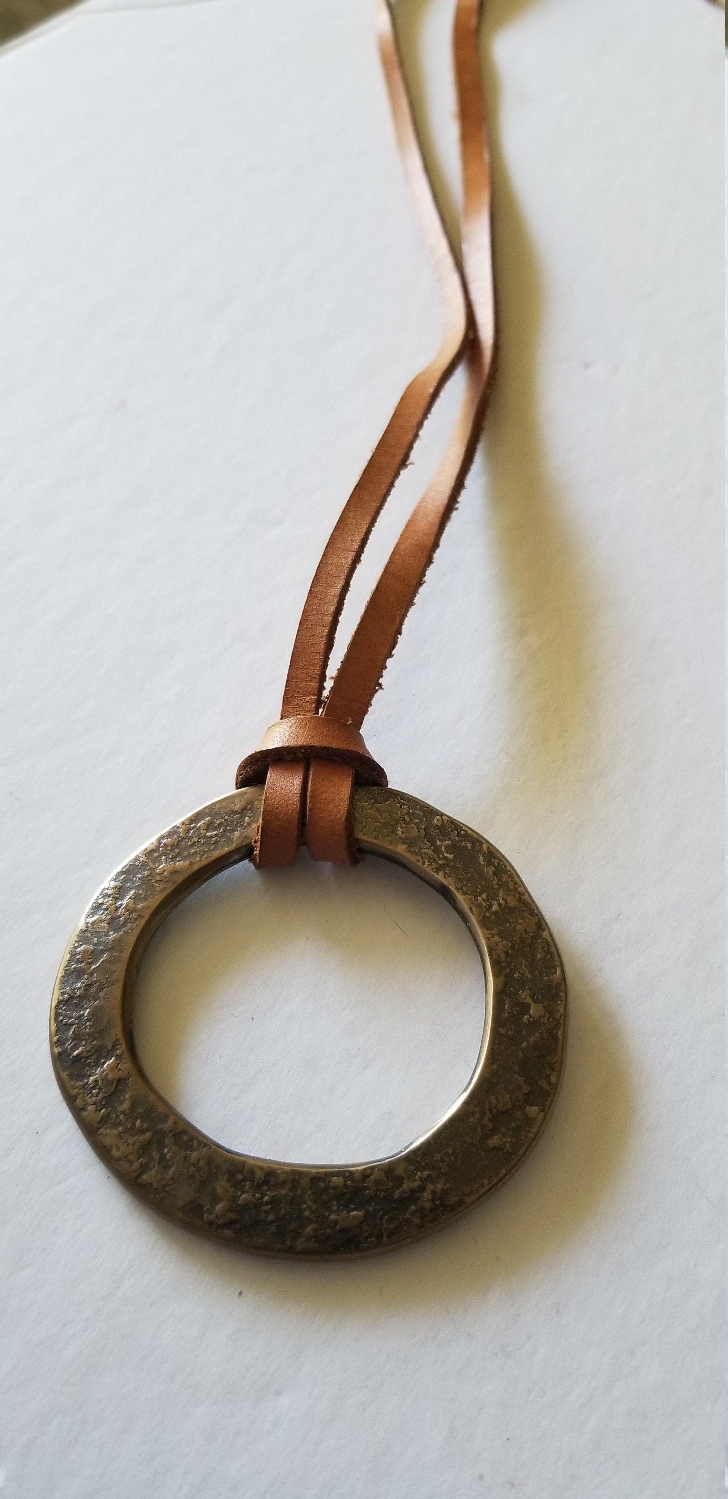 Pendant, Gold Bronze Hand Forged Circle Pendant, Rustic Jewelry, Necklace 2.5" d, Stainless Steel, Bronze & Leather Strap, Unisex Gifts