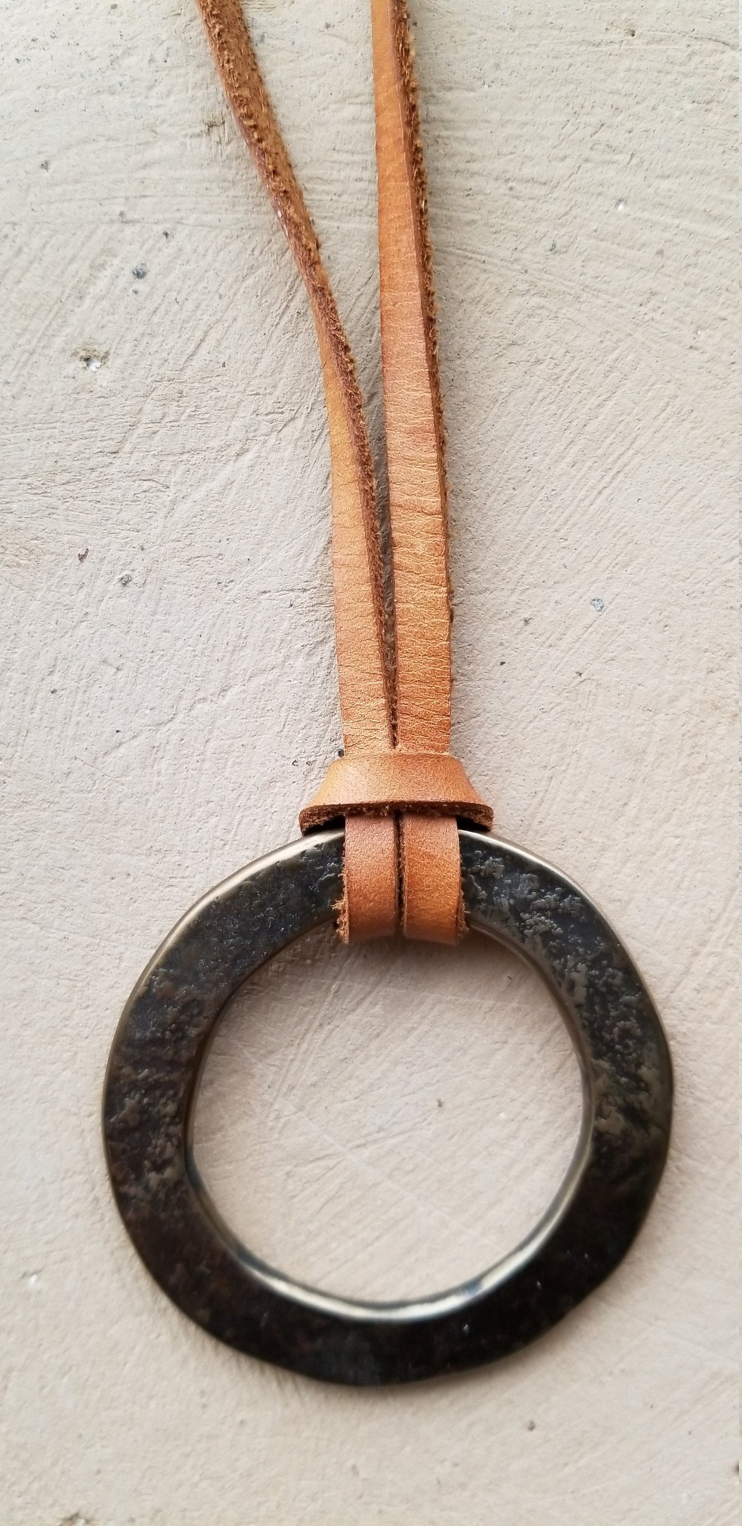 Pendant, Gold Bronze Hand Forged Circle Pendant, Rustic Jewelry, Necklace 2.5" d, Stainless Steel, Bronze & Leather Strap, Unisex Gifts