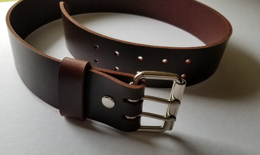 Two (2)INCH Leather Belt & Buckle Two Rows of Holes Biker Belt Unisex Belt and Buckle INTERCHANGEABLE 2" Leather Snap Belt with Dbl Holes
