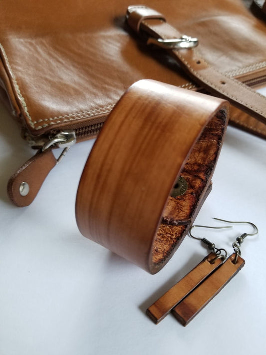 Wood Grain Cuff and Earring Set, Cuff & Earring Set, Lightweight Gifts, Gift for Her, Wearable, Shippable Gift, Anniversary Gift