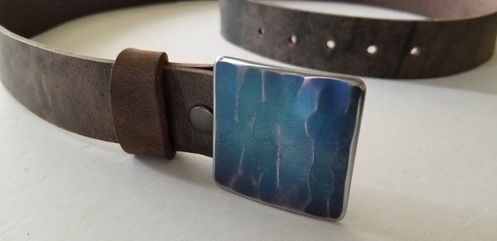 Belt & Buckle Set For Jeans, SquareISH,Bronze Wood Grain Belt Buckle, Your Belt Colour Choice, Unisex Gifts, Forged Stainless and 1.5" Belt