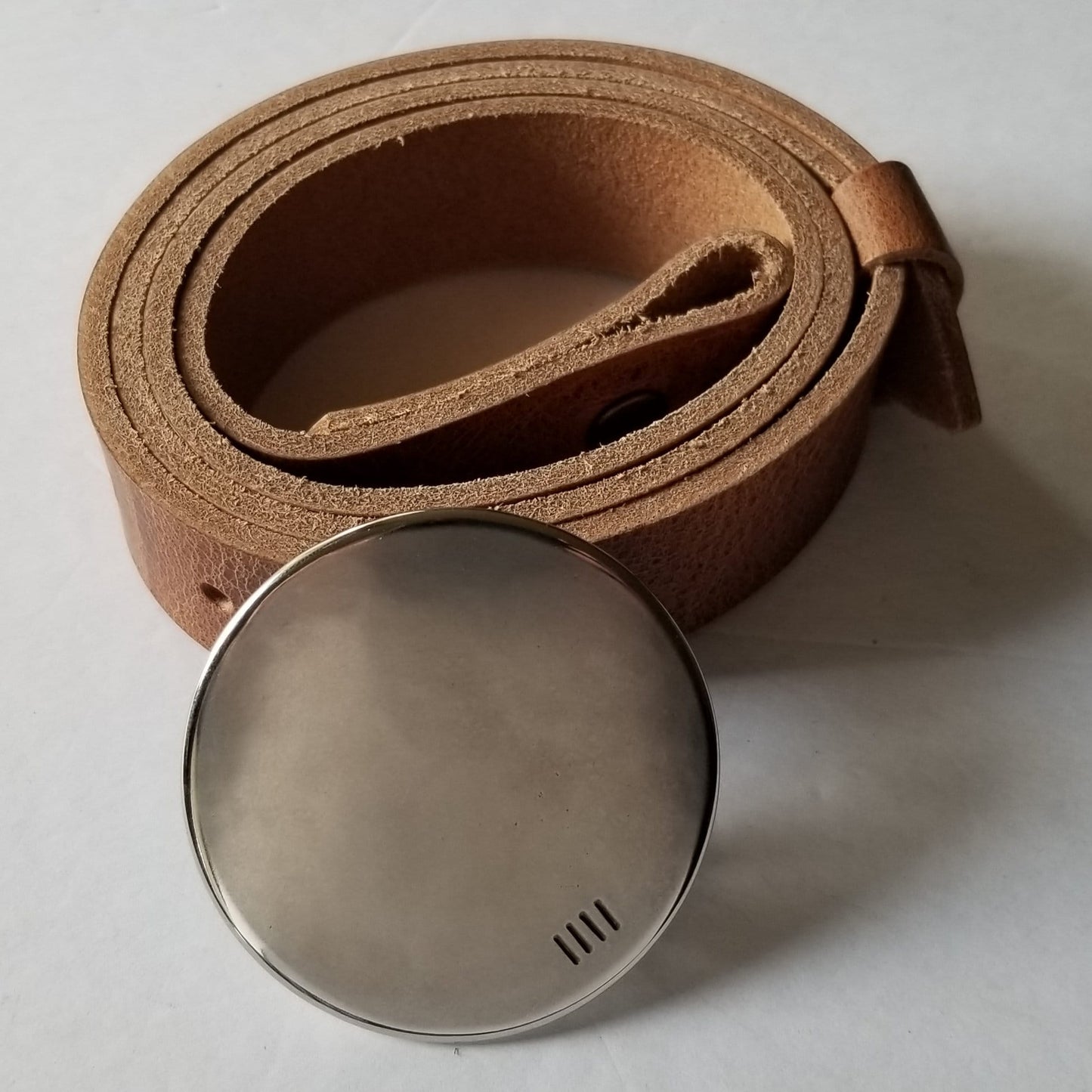 Anniversary Belt & Buckle SET Leather Belt w/ Hand Forged SOLAR ECLIPSE Round Buckle For Blue Jeans Snap Belt Custom Cut to Your Waist Size