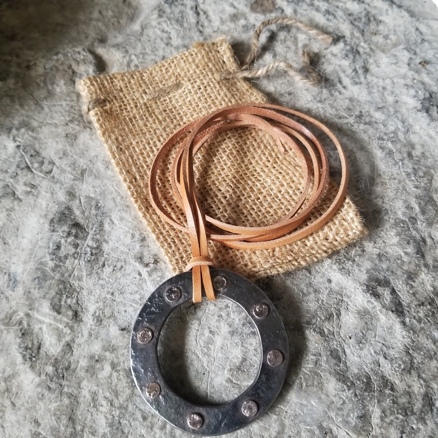 Pendant, Bronze Hand Forged Circle Pendant, Rustic Jewelry, Necklace 2.5" d, Stainless Steel, Bronze & Leather Strap, Unisex Pirate Gifts,