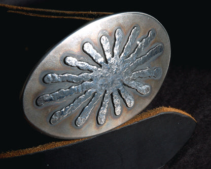 Oval Belt Buckle, Sunburst, Bronze Anniversary Gift, Hand Forged Buckle, Unisex Gift, Anvil Hammered Stainless Steel for 1.5" Leather Belt